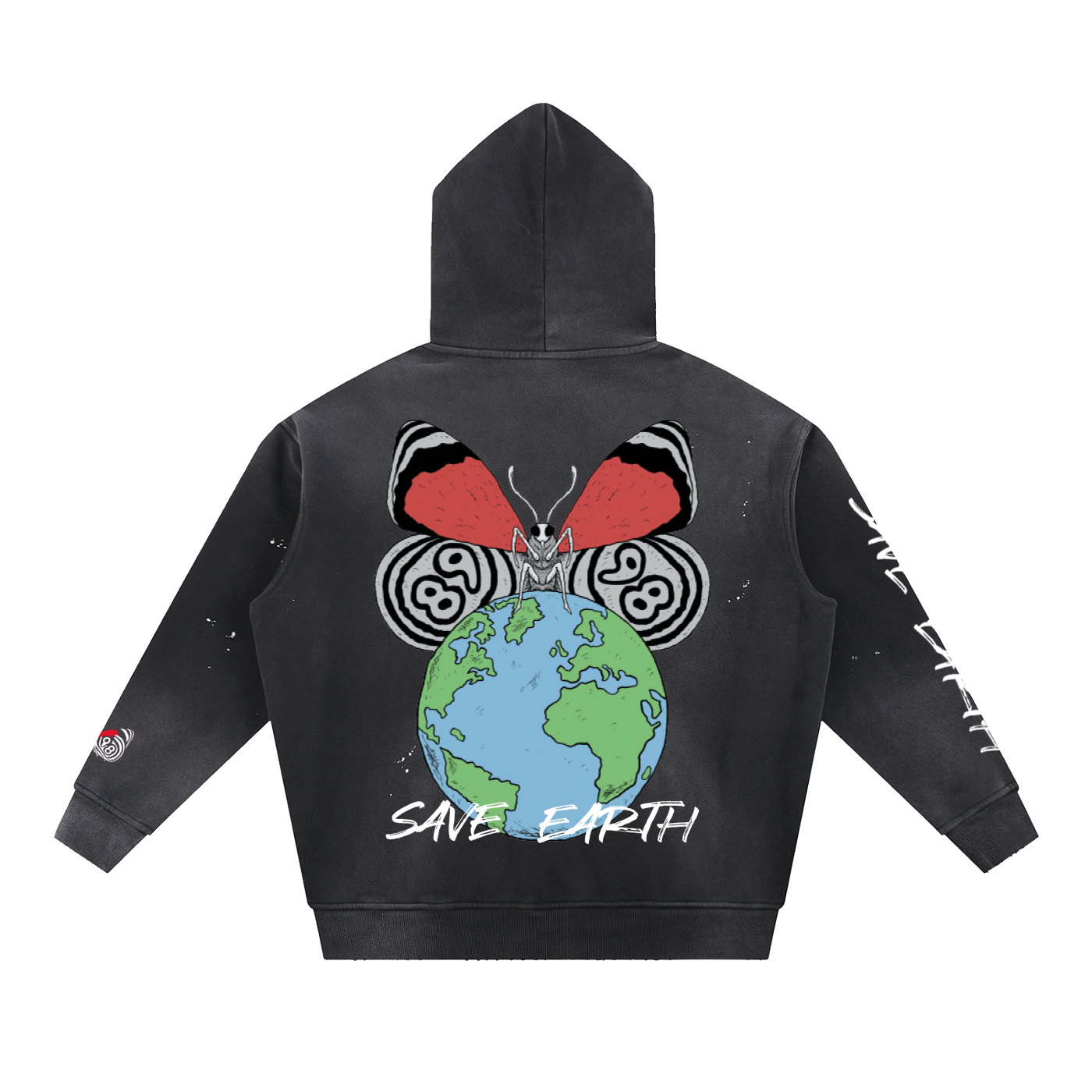 8998 "SAVE EARTH" Vintage Washed Frayed Fleece Hoodie